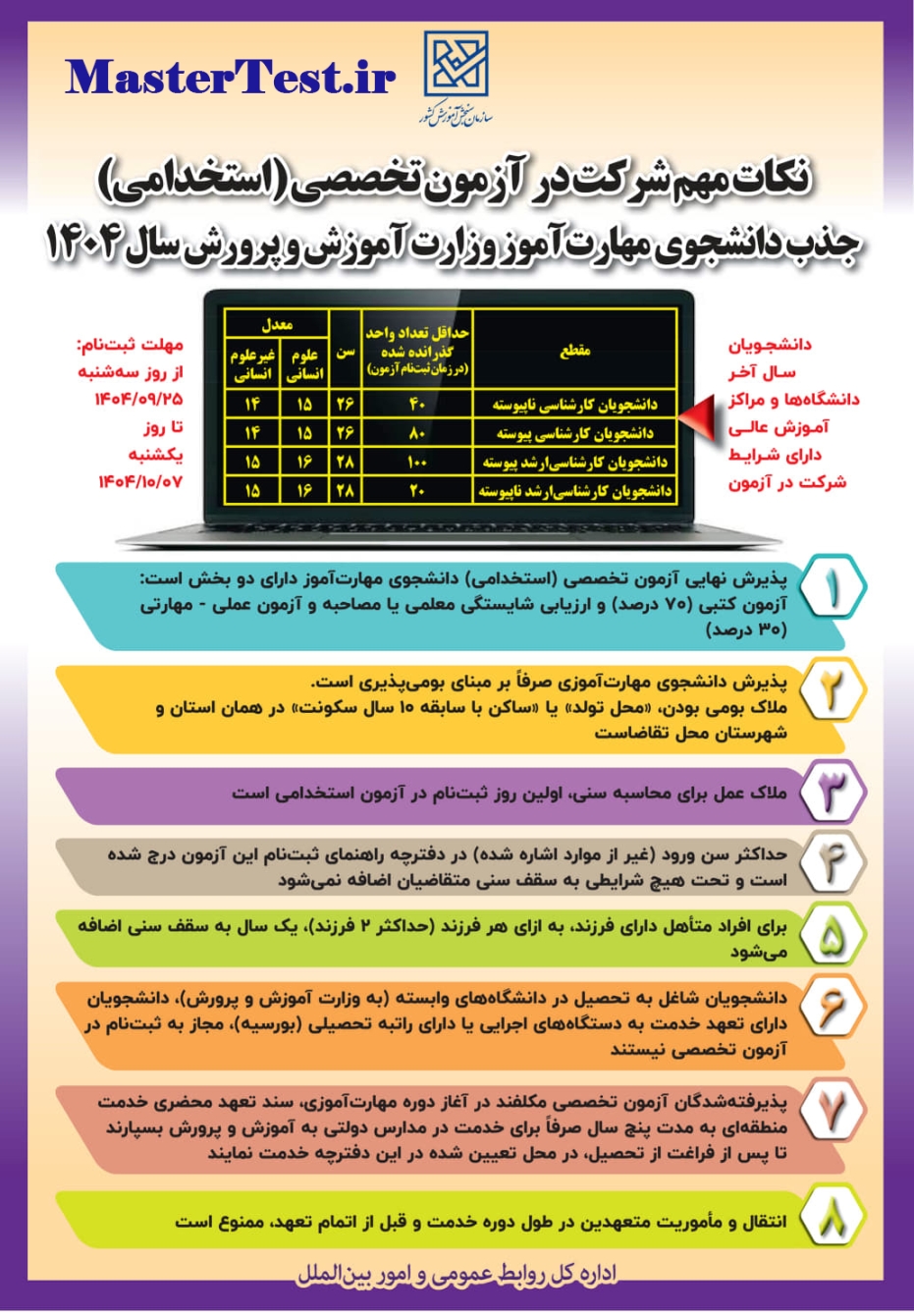 نکات مهم آزمون استخدامی جذب دانشجو مهرت اموز آموزش و پرورش 1404
