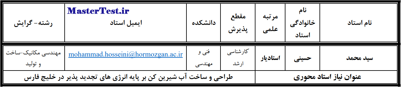 عناوین طرح های کارشناسی ارشد استاد محور ۱۴۰۴ دانشگاه هرمزگان